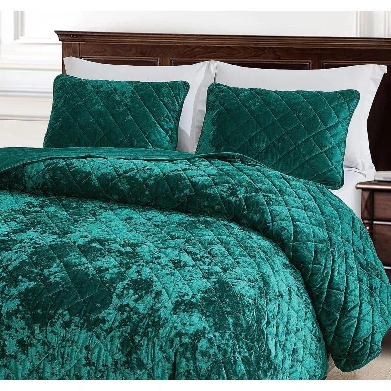 Chezmoi Collection Diamond Stitch Reversible Plush Distressed Velvet Quilt Set