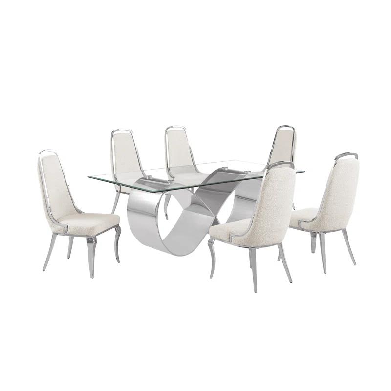 Rosdorf Park Tempered Glass Dining Set With Boucle Fabric Side Chairs