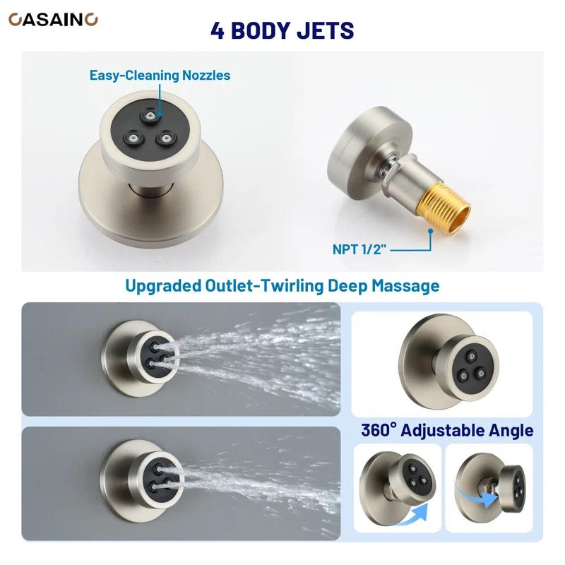 CASAINC 3-Function 12 Inch Temperature Digital Display Shower System With 2-Setting Slider Bar Handheld And 4Pcs Body Jets BR01009SX12BN