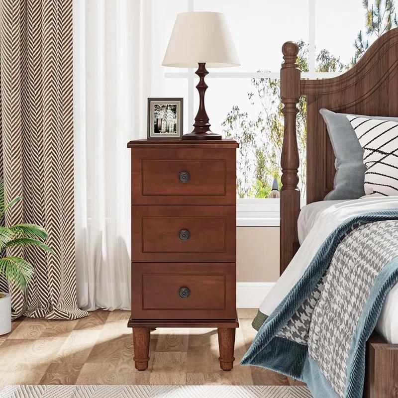 Hokku Designs Solid Wood End Table, Fully Assembled Narrow Side Table With Drawers, Pre-Assembled Nightstand Slim Bedside Table For Small Spaces, Living Room, Bedroom, Brown