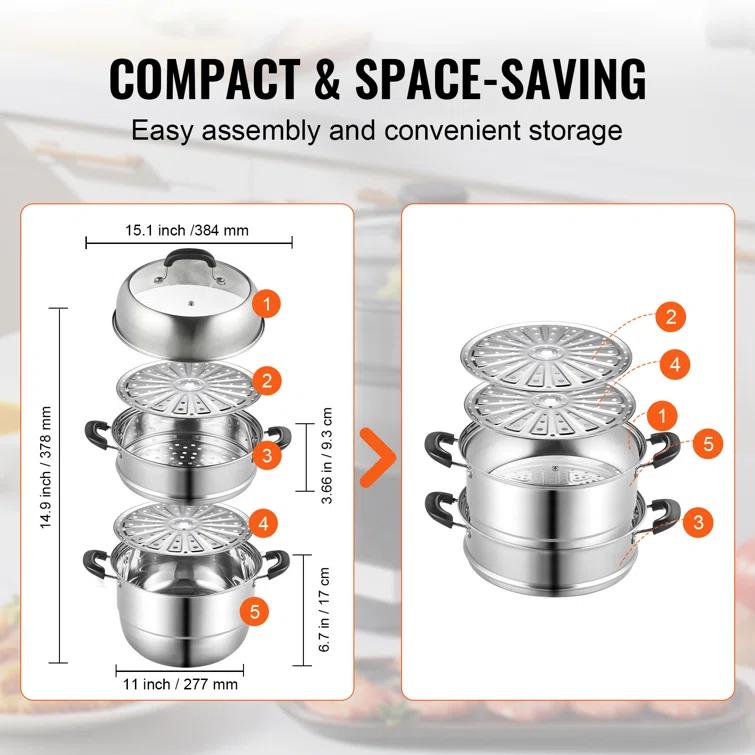Stellweilan Tessberg Steamer Pot 11in/28cm, 3 Tier Steamer Pot for Cooking with 8.5QT Stock Pot, Vegetable Steamer & 2 Steaming Tray, Food-Grade 304 Stainless Steel Food Steamer Cookware for Gas Electric Stove Grill