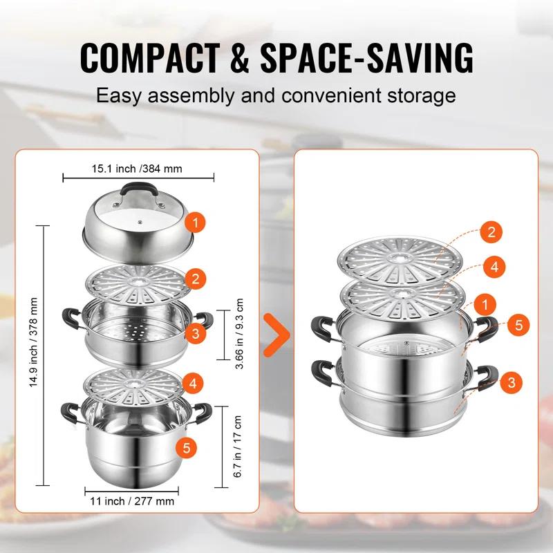 Stellweilan Tessberg Steamer Pot 11in/28cm, 3 Tier Steamer Pot for Cooking with 8.5QT Stock Pot, Vegetable Steamer & 2 Steaming Tray, Food-Grade 304 Stainless Steel Food Steamer Cookware for Gas Electric Stove Grill