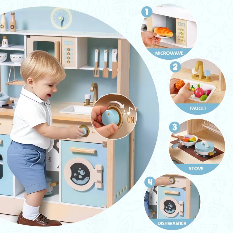 ROBUD Solid Wood Play Kitchen & Accessories Set, Preschool Kitchen Set, Kids Kitchen Playset