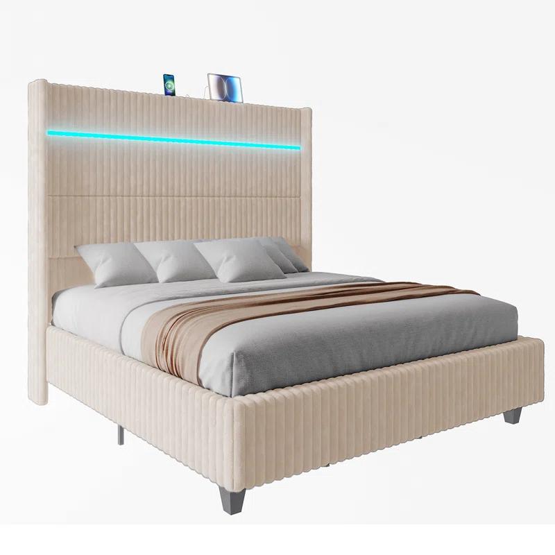 Ivy Bronx LED Bed Frame, Corduroy Upholstered Platform with 60" Tall Headboard & Charging Station