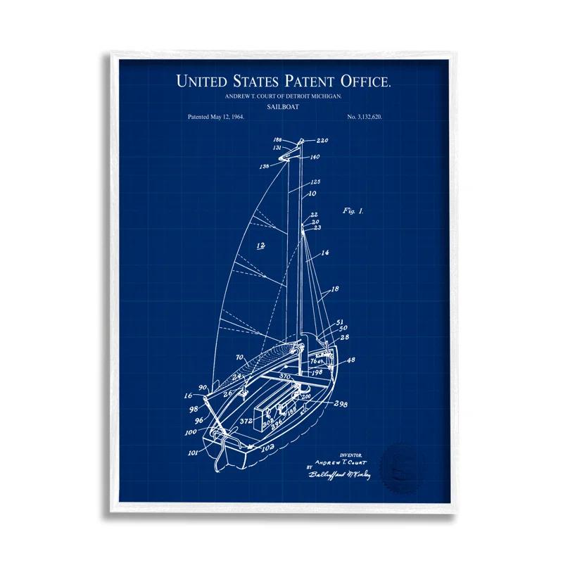 Stupell Industries " Sailboat Watercraft Blue Patent Office Diagram Blueprint " by Karl Hronek