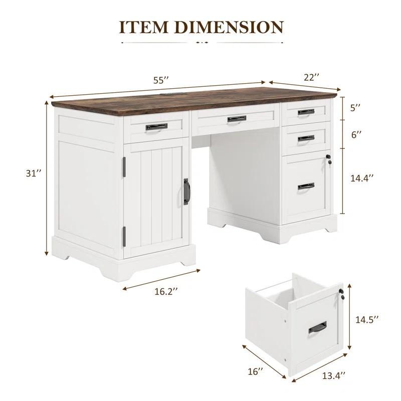 August Grove® 55'' Farmhouse Executive Desk with Drawers, File Cabinet and Power Outlets