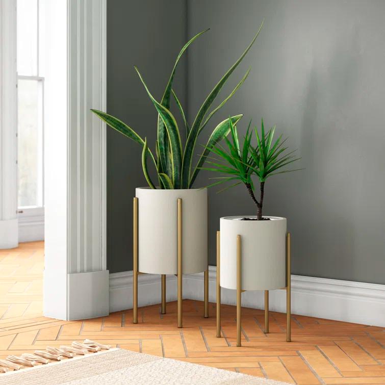 Stacia Round Metal Mid Century Indoor Pot Planter Set