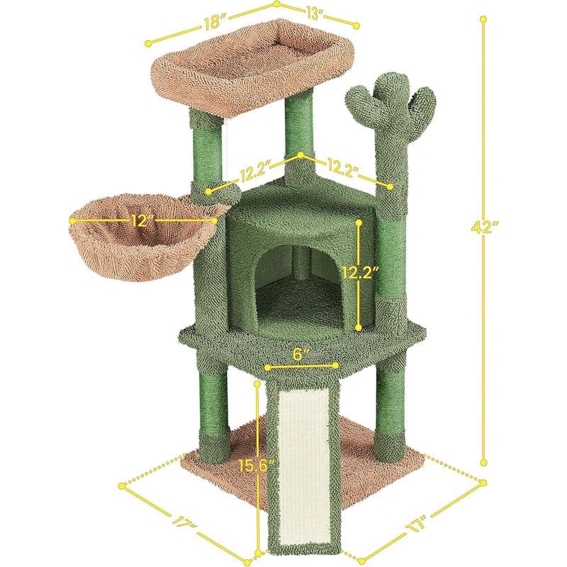 Cactus Cat Tree, 42in Cat Tower for Indoor Cats, Multi Level Cat Condo Scratching Post, Cat Activity Center