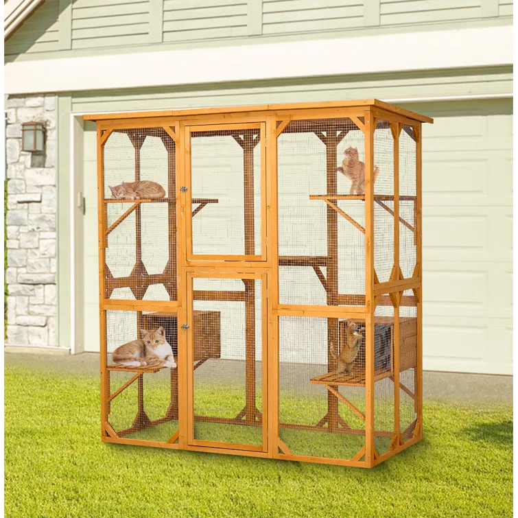 Gracie Oaks Outdoor Cat Enclosure with Roof 72" Height Cat Wooden House Large Cat Catio