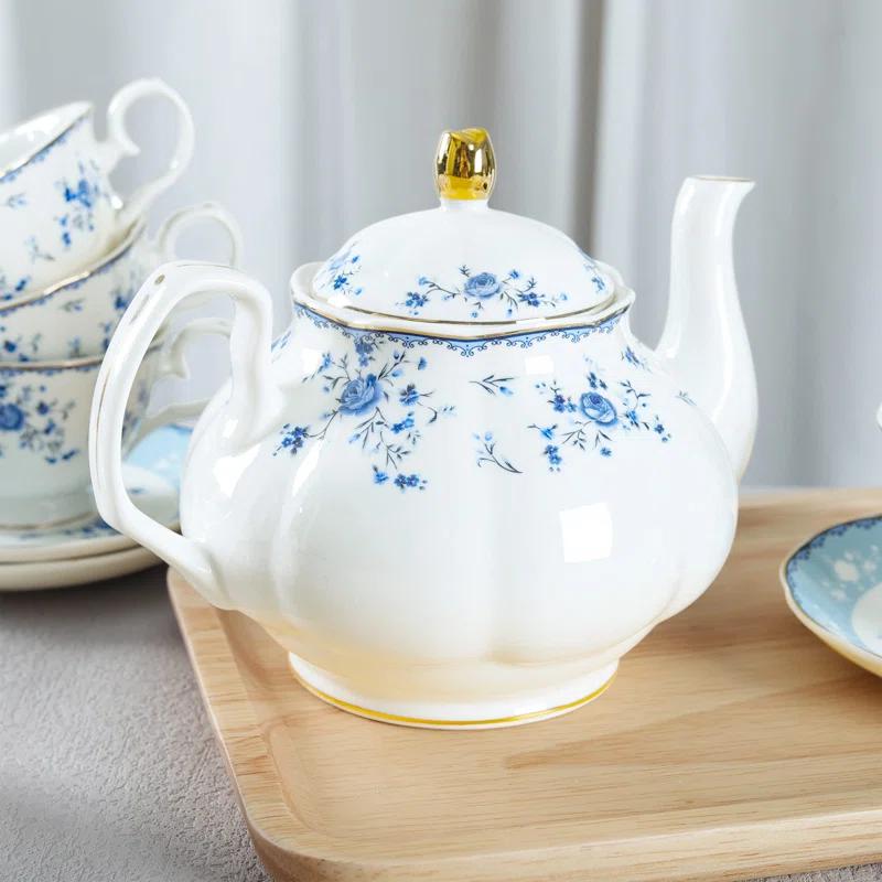 Bloomsbury Market 15 Piece Blue Rose Porcelain Tea Set, British Floral Teapot With Tea Cups, Women Tea Party Set For 6