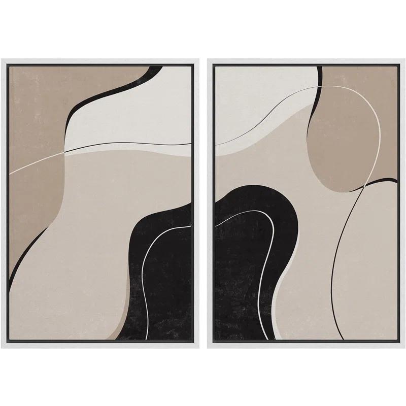 Mid Century Shape "Brown And Black Abstract Neutral Line Chic Framed Canvas Print 2 Pieces Wall Art