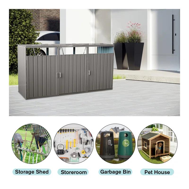 Alxfarton Garbage Bin Shed Stores 3 Trash Cans Metal Outdoor Bin Shed For Garbage Storage