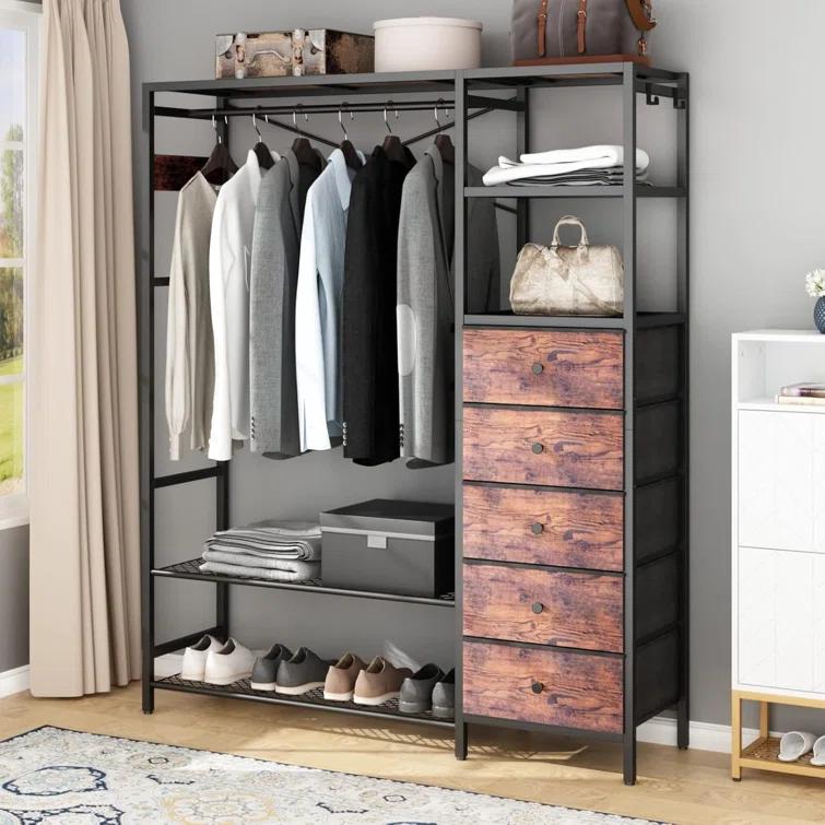 17 Stories Heavy Duty Clothes Rack For Hanging Clothes With 5 Shelves & 5 Drawers, Metal Freestanding Clothing Rack With Five Hooks, Garment Rack Closet Wardrobe Rack, 70.87H X 59.06W,Max 900Lbs,Rustic