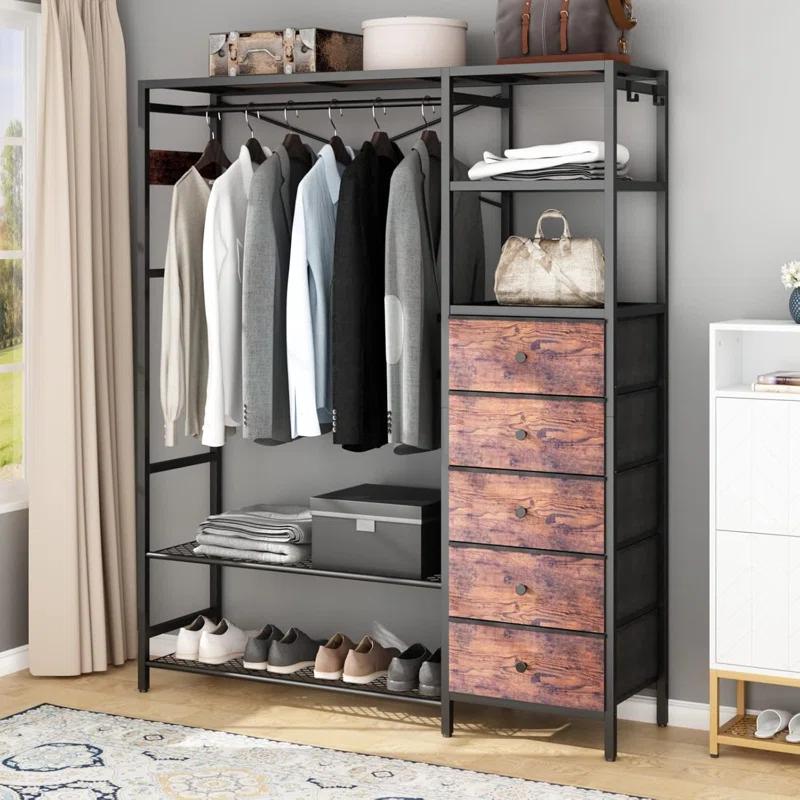 17 Stories Heavy Duty Clothes Rack For Hanging Clothes With 5 Shelves & 5 Drawers, Metal Freestanding Clothing Rack With Five Hooks, Garment Rack Closet Wardrobe Rack, 70.87H X 59.06W,Max 900Lbs,Rustic