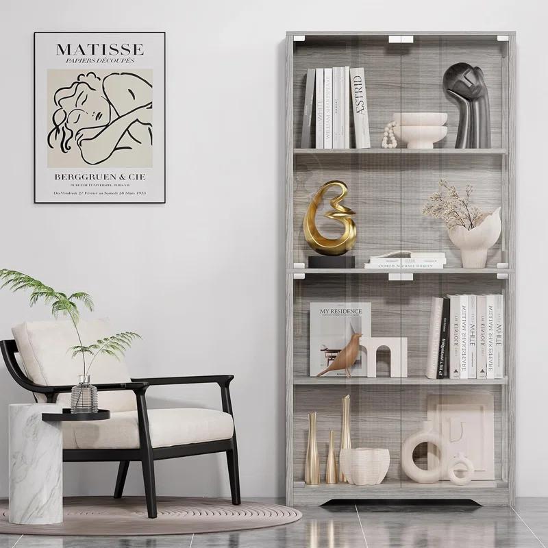 Display Cabinet with Glass Doors, 4-Tier Curio Cabinet&Bookcase with 3 Color Light for Collectibles