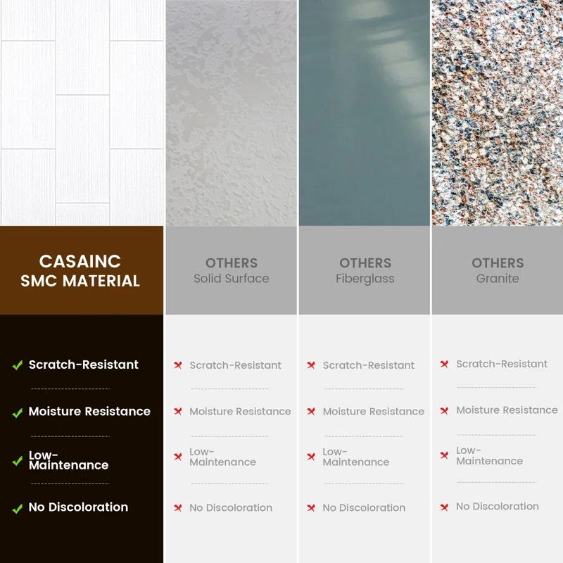 CASAINC 60"W 75/96"H Glue Up SMC Shower & Tub Wall Panel Surround,0.138 Thick,Cuttable,Quick Install