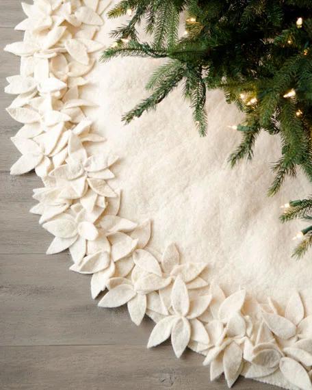 Handmade Felted Wool Christmas Tree Skirt - Overlapping Flowers Border in Cream