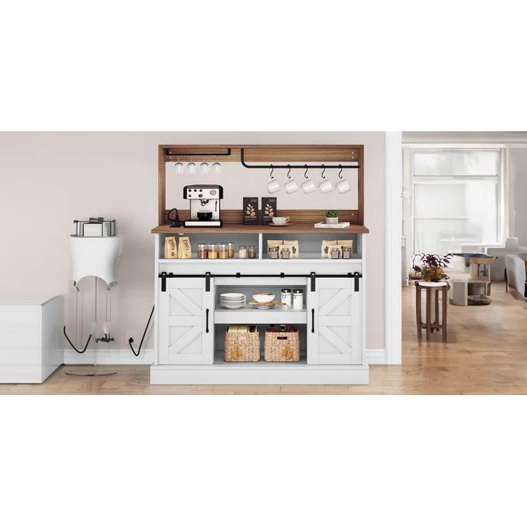 Gracie Oaks Gracie Oaks Farmhouse Coffee Bar Cabinet with Power Outlets, Goblet Holder & Sliding Barn Doors