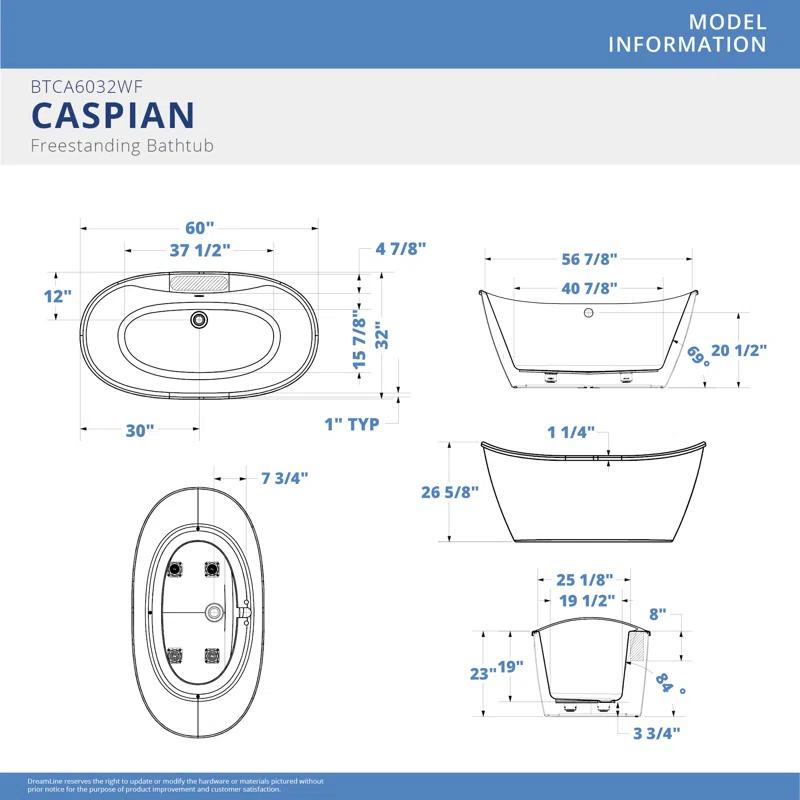 60" L x 32" W Free Standing Soaking Acrylic Bathtub