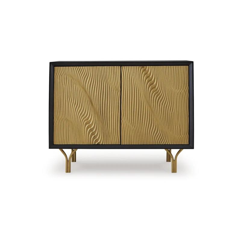 Benjara Yien Sideboard Console, 2 Carved Doors, Gold Legs, Black Wood 40 Inch