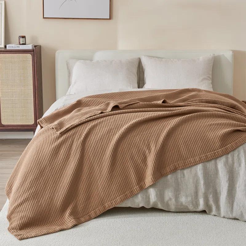 Toffee Full Cotton Waffle Weave Throw Blanket