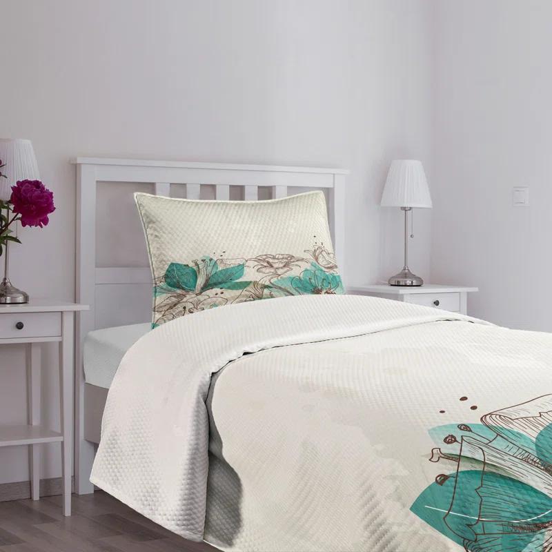 Ambesonne Ambesonne Turquoise Bedspread Retro Hibiscus