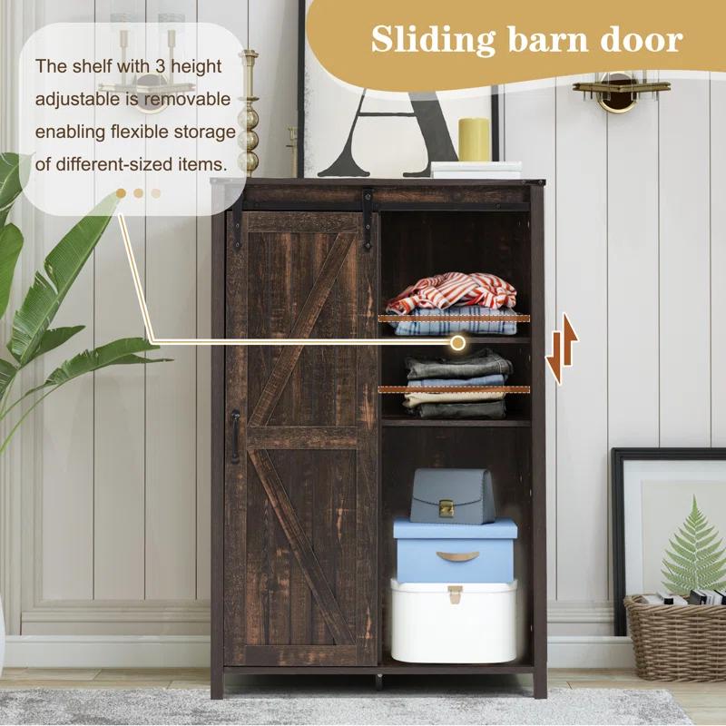 Gracie Oaks 5 Drawers Dresser With Cabinet, 48" Tall Chest, Wooden Closet Dresser With Sliding Barn Door For Living Room, Hallway