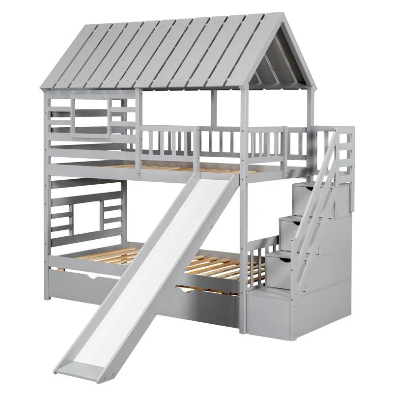 Harper Orchard Twin Over Twin House Bunk Bed With Trundle And Slide