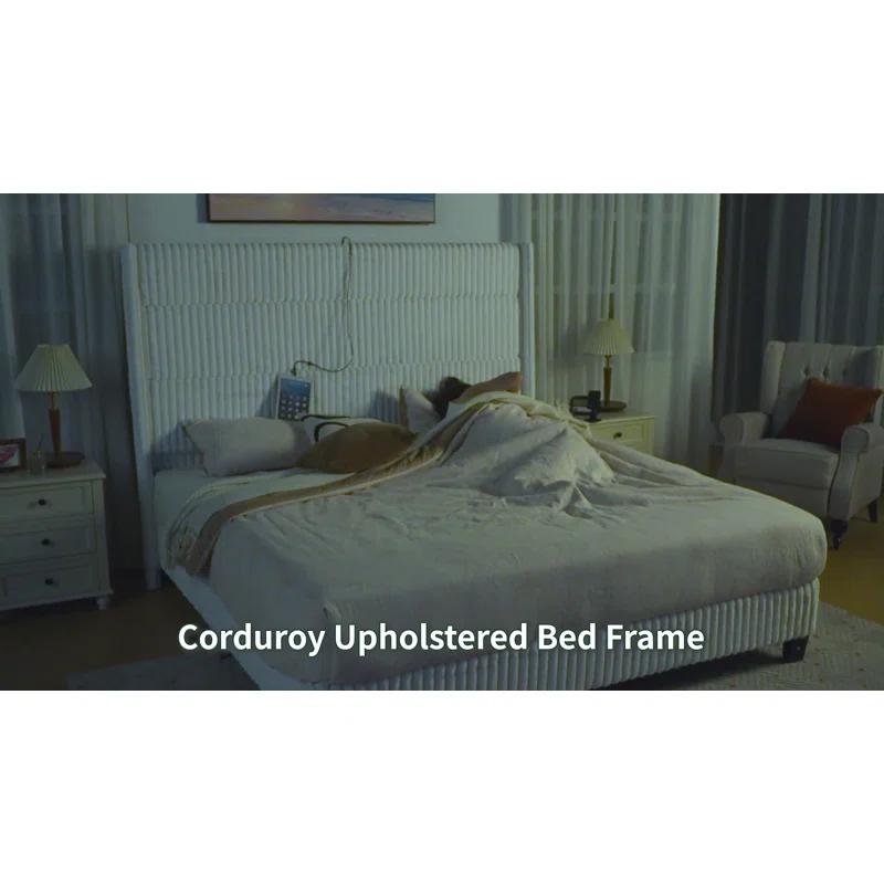Ivy Bronx LED Bed Frame, Corduroy Upholstered Platform with 60" Tall Headboard & Charging Station