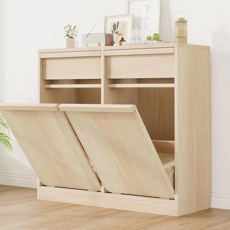 Fashionwu Double Trash Cabinet Tilt Out, Freestanding Trash Can Cabinet With 20 Gallon Storage, Hidden Pet-Proof Garbage Bin Cabinet Laundry Hamper For Kitchen Dining Room Living Room