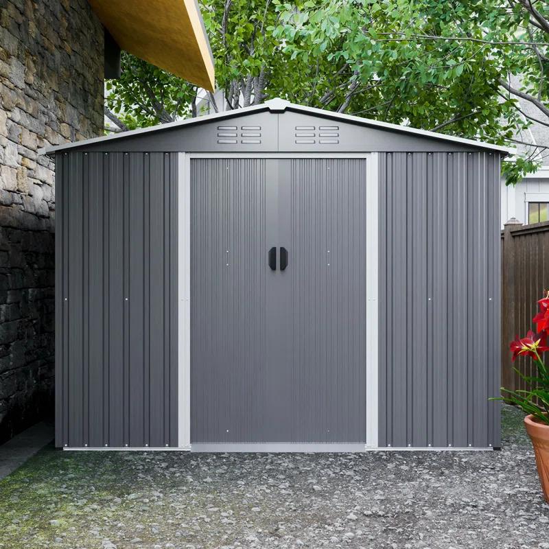 8X6 FT Outdoor Tool Storage Shed With Metal Foundation & Lockable Doors,  All Weather Metal Sheds