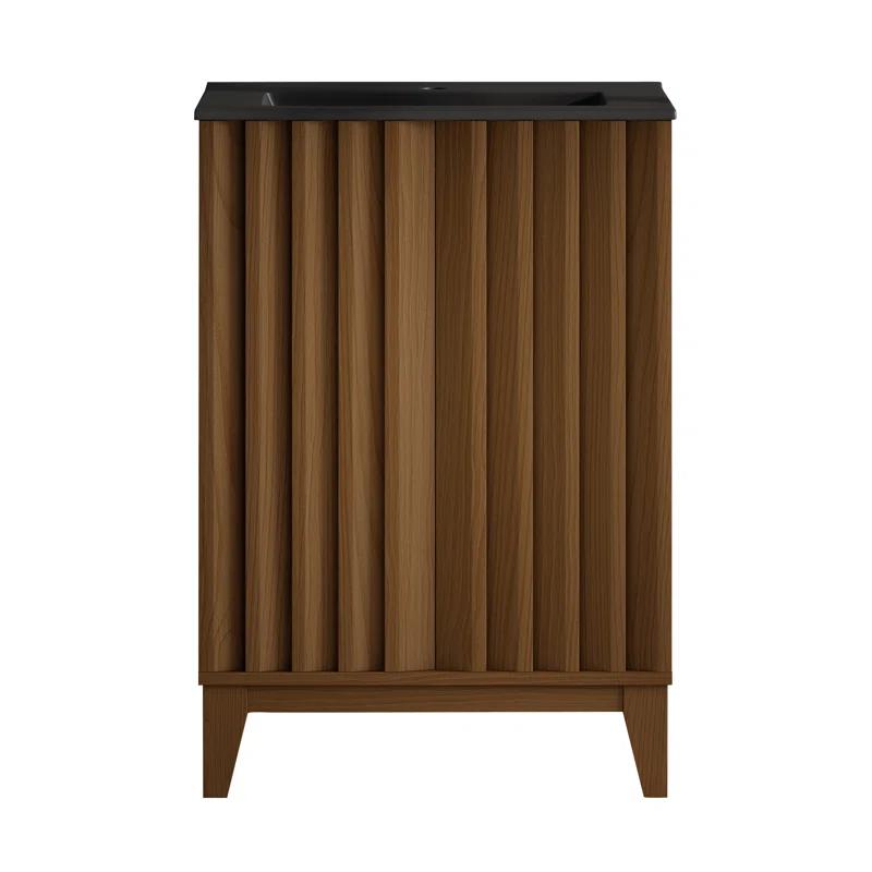 Swiss Madison Troyes 24" Freestanding Bathroom Vanity In Brown Oak With Black Sink Top