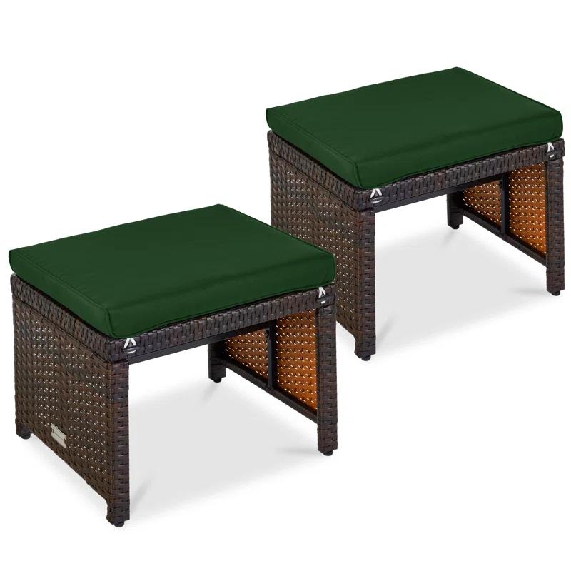 Dovecove Set Of 2 Multipurpose Patio Wicker Ottomans W/ Removable Cushions - Midnight Green/Brown