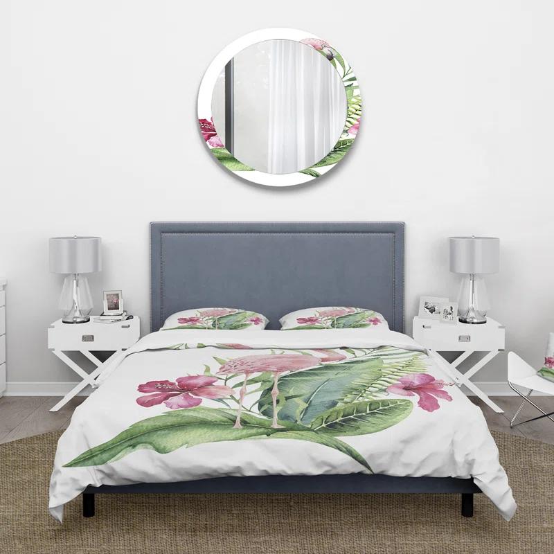 Design Art Flamingo With Exotic Foliage and Pink Flowers - Traditional Duvet Cover Set - Microfiber Polyester