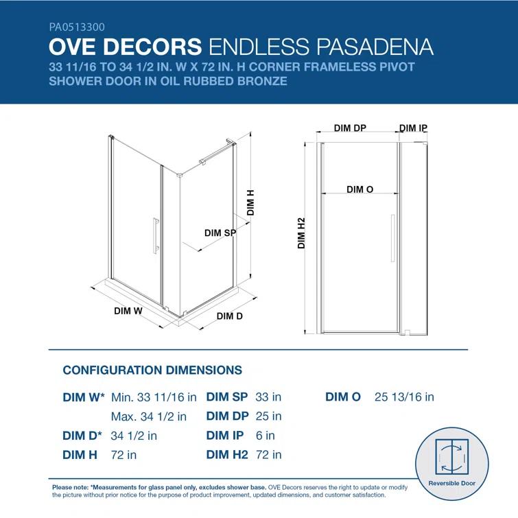 Ove Decors Endless Pasadena 34" W x 72" H Corner Frameless Shower Kit, Door, Panel PA0513300