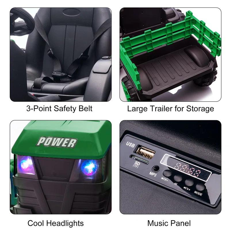 Yesurprise 12v Kids Ride On Tractor With Trailer Battery Powered Electric Vehicles Toy With 35w Dual Motor Remote Control 6 Wheels Led Lights Music