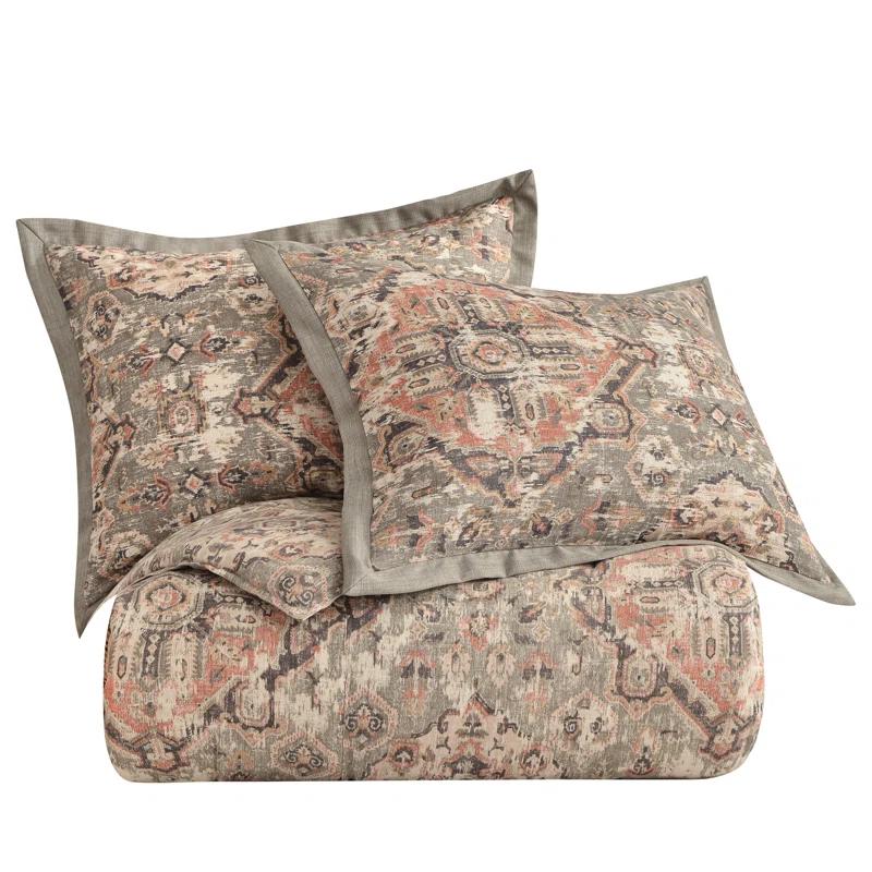 HiEnd Accents Carmen Taupe Linen Medallion Pattern Classic Modern Rustic Comforter Set