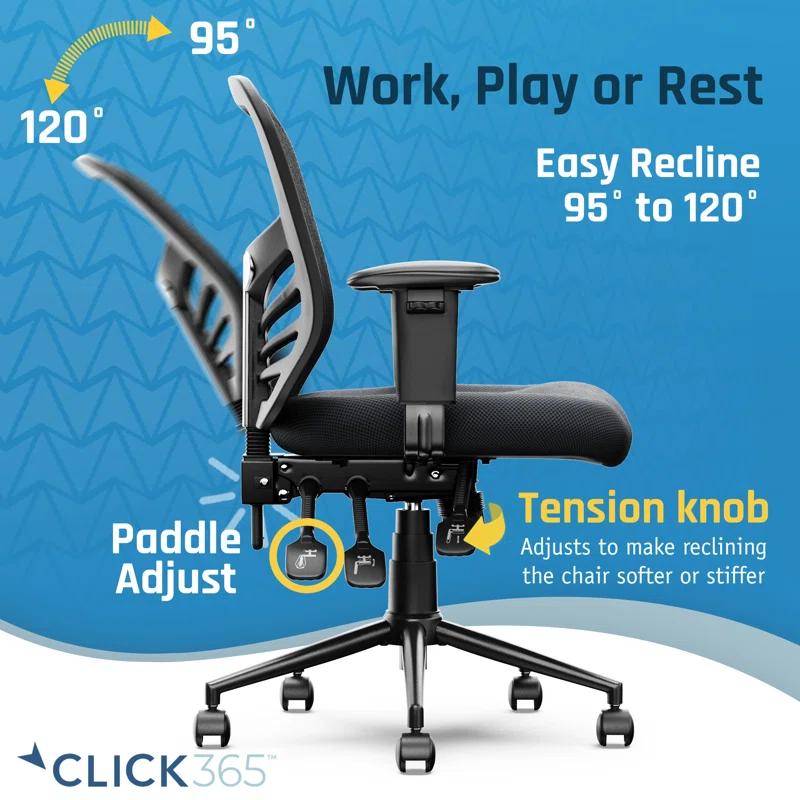 CLICK365 Click365 Flow Mid Back Mesh Office Chair, Extra Padded Seat Cushion, Adjustable Armrest Back Height