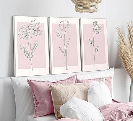 Lark Manor™ 3 Pieces Minimalism Botanical Canvas Wall Art Pink Flowers Line Plants Pictures Wall Decor Posters Print Artwork For Girls' Room Living Room Bedroom Bathroom Office Home Decoration
