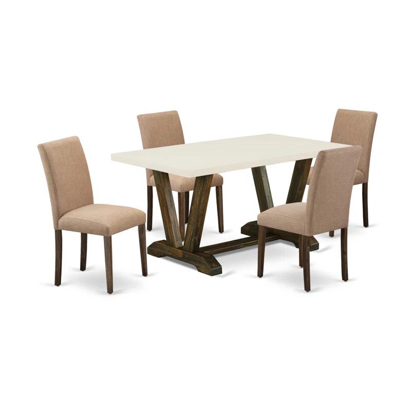 Red Barrel Studio® 5-Piece Dining Room Set Includes a Linen White (Off-White) Wood Table and 4 Light Sable Linen Fabric Parson Chairs - Distressed Jacobean Finish