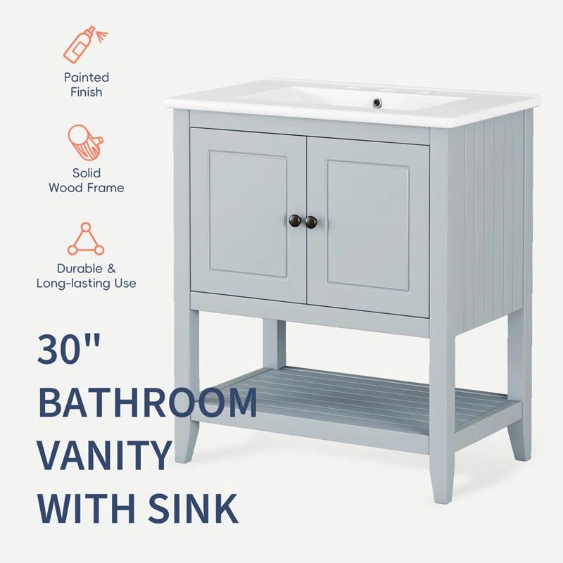 Wondrous Iconic 30" Modern Sleek Bathroom Vanity Elegant Ceramic Sink With Solid Wood Frame Open Style Shelf & Door Shelf Design