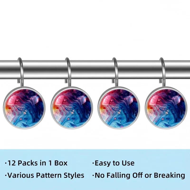 ROTSEN FURNITURE LLC. 12 Pieces Decorative Shower Curtain Hooks, Rust-Resistant Glass Finish Stainless Steel Rings