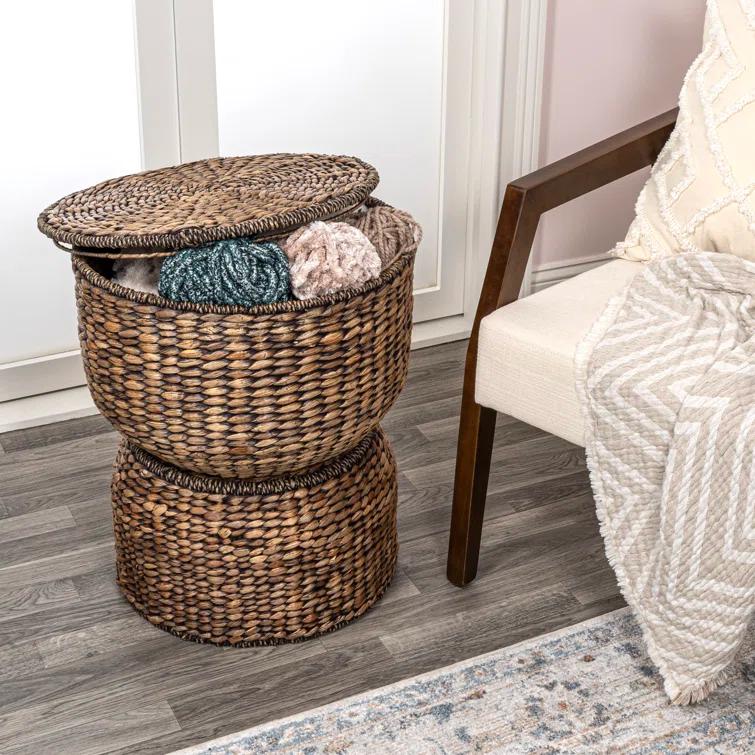 happimess 18" Hourglass Handwoven Hyacinth Storage Accent Table with Lid