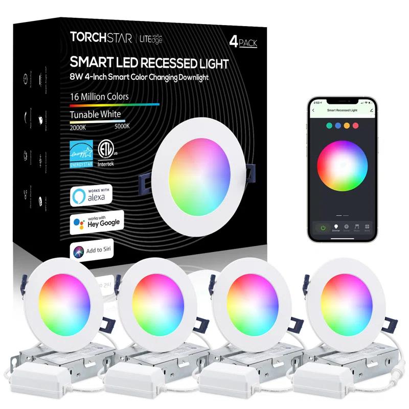 LEDVANS 4 Inch Smart Recessed Light, Color Changing Rgbcw, Voice Control (Set of 4) F-80425