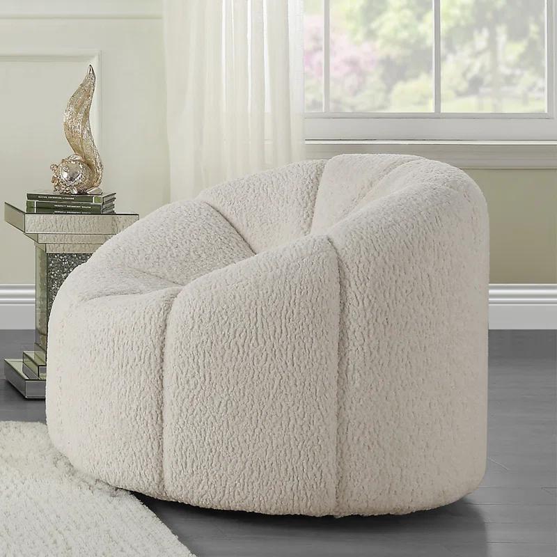 White Teddy Sherpa Swivel Accent Chair with Wooden Frame