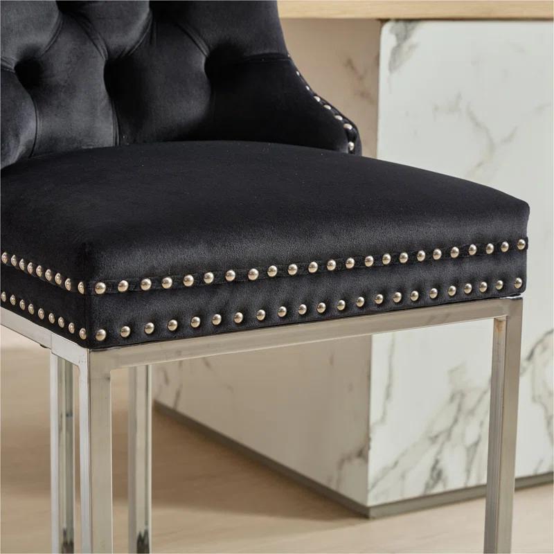 Rosdorf Park 25" Counter Height Bar Stools Set Of 2, Modern Velvet Barstools With Button Back&Rivet Trim Upholstered Kitchen Island Chairs With Sturdy Chromed Metal Base Legs Farmhouse Bar Stools,