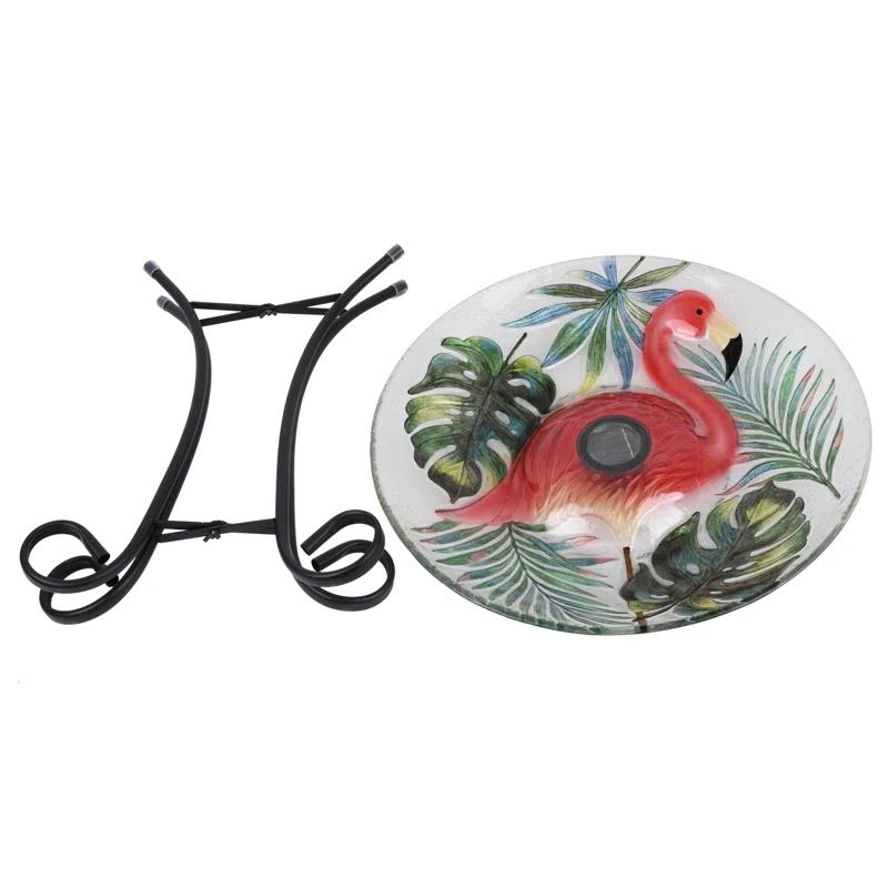 Hi-Line Gift Ltd. Solar LED Verdant Glass Bird Bath with Stand - Flamingo