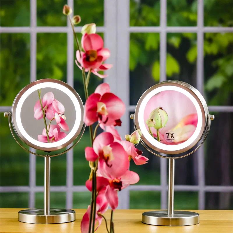 Ovente OVENTE 6" Lighted Makeup Mirror with 1X/7X Magnification, Cordless Tabletop Mount Vanity Round Mirror with 360° Swivel Design and Double Sided Cool Tone LED Ring Light, Nickel Brushed MLT60BR1X7X