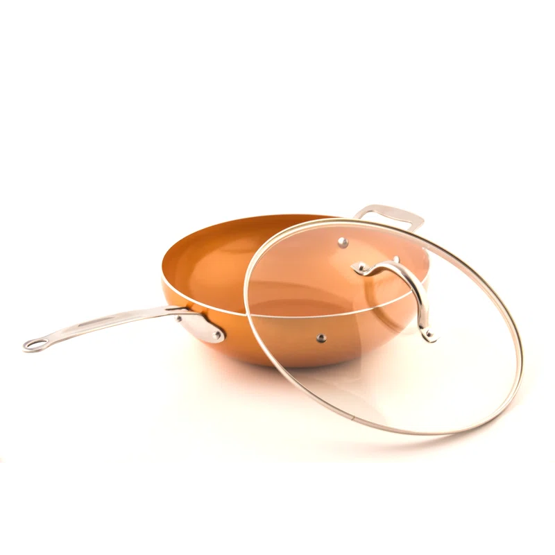 Master Pan Masterpan Chef's Wok & Glass Lid, Copper Color Ceramic Non-Stick Coating, 12"
