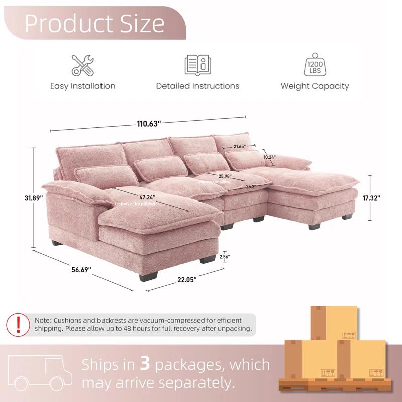 Latitude Run® Millan U Shape Sectional Sofa Cloud Couch, 110" Modern Chenille Comfy Modular Sofa